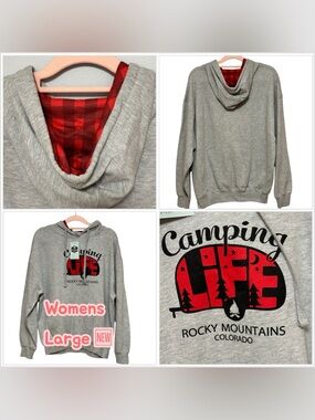 Women’s Camping Colorado Large Gray Red Fleece Pullover Hoodie Sweatshirt NWT